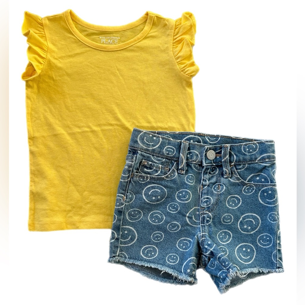 Toddler Girl Summer Set Smiley 😊 Face Denim shorts yellow ruffle sleeve top 3T